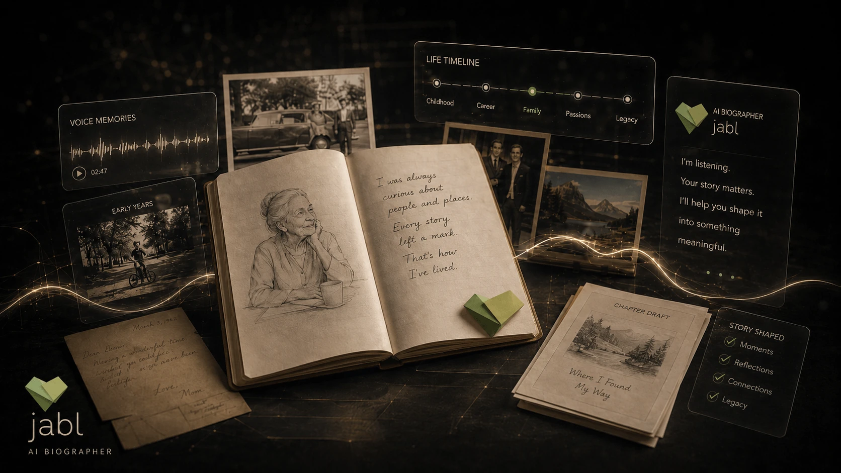 A sepia scene of the AI Biographer: an open journal with a portrait sketch and handwritten memories, surrounded by glass panels for voice recordings, a life timeline, and a drafted chapter.