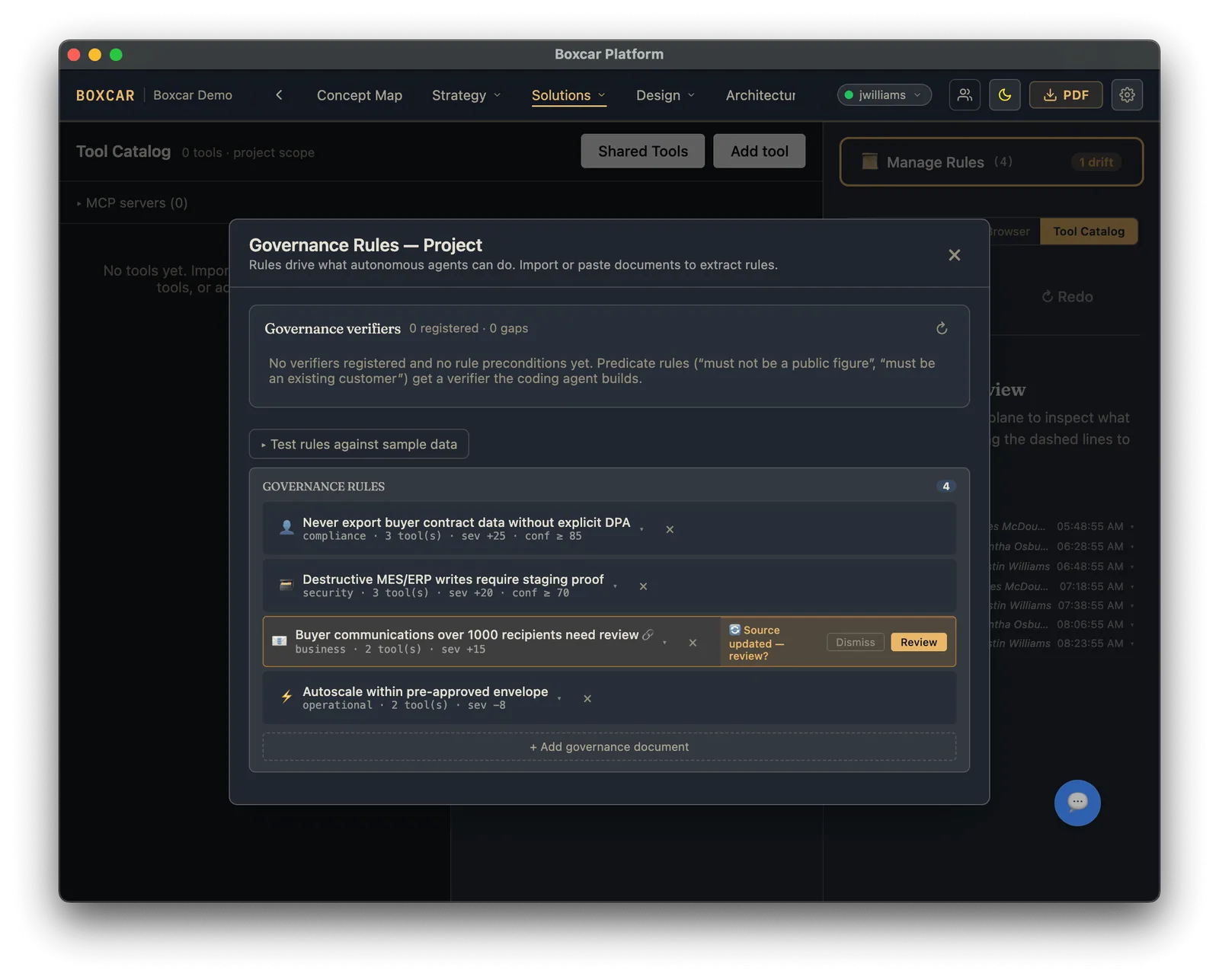 Boxcar Platform screenshot: the agent autonomy envelope