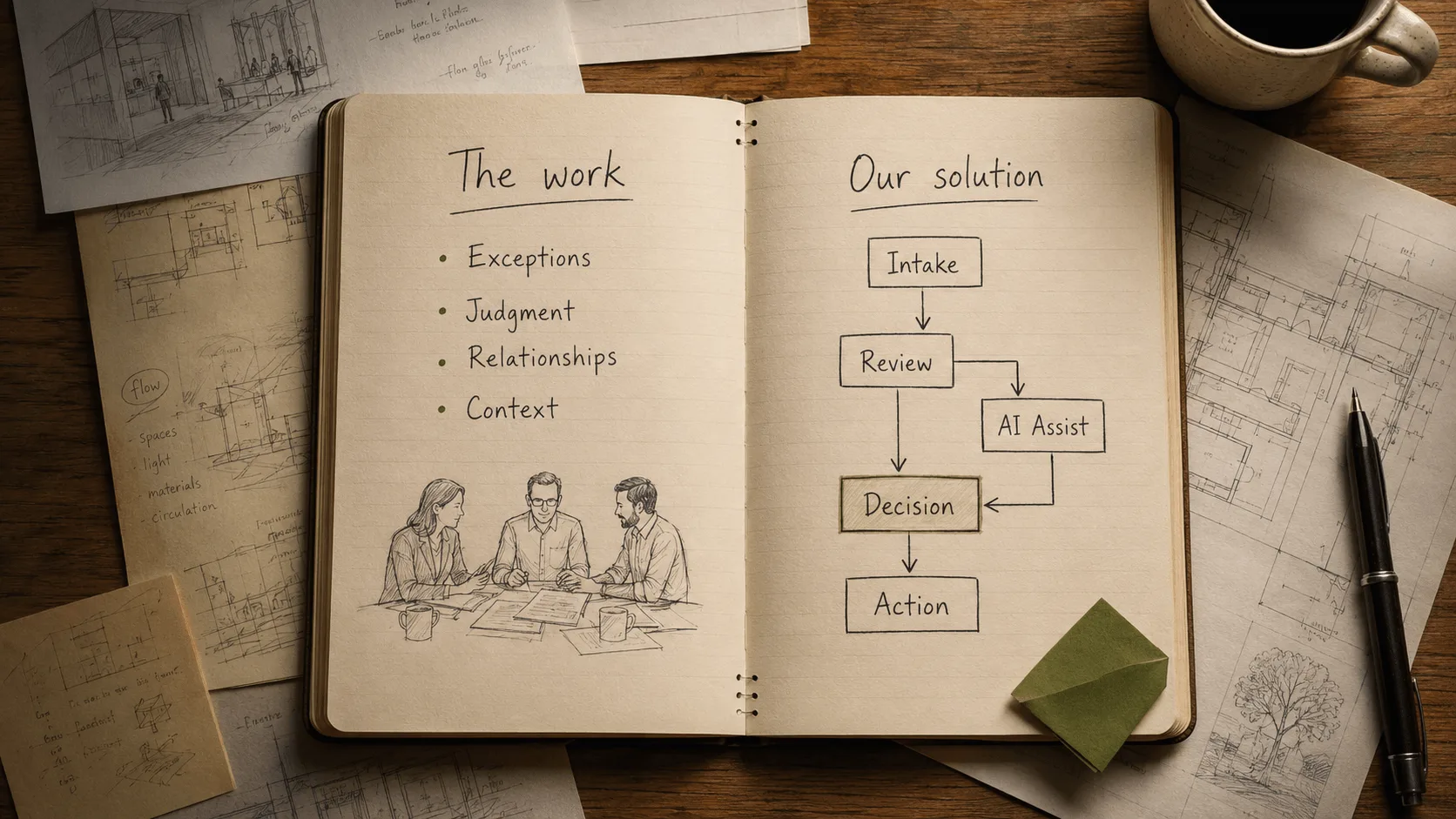 An open notebook. One page lists the work: exceptions, judgment, relationships, context. The facing page sketches our solution: intake, review, AI assist, decision, action.