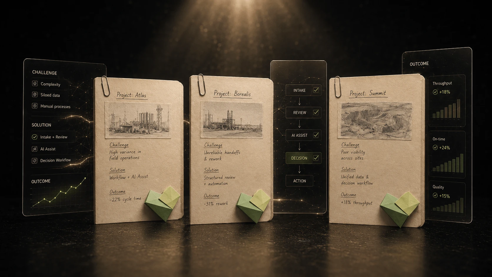 Three paper project dossiers, each pinned with a challenge, a solution, and an outcome, standing between glass panels of workflow steps and outcome metrics.